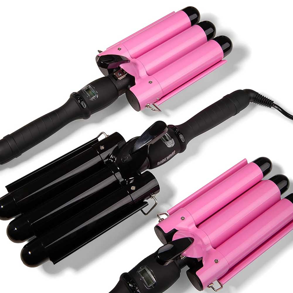 Trademark Beauty Babe Waves 3 Barrel Curling Iron Hair Waver, 1.25 Inch Quick Heat, Adjustable Temperature Hair Curler, Perfect Beach Waver, Hair Styling Tools, 32mm Jumbo Ceramic Wand, Pink